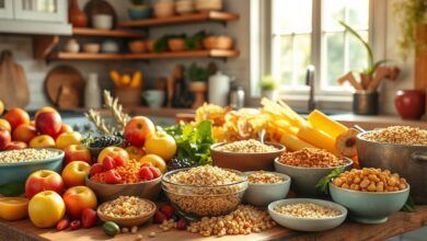 Alimentos ricos em fibras dispostos em uma cozinha