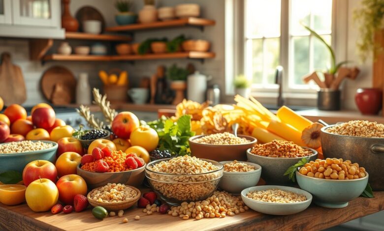 Alimentos ricos em fibras dispostos em uma cozinha
