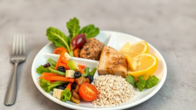 Prato equilibrado dividido em vegetais, proteínas e carboidratos
