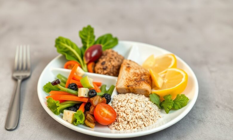 Prato equilibrado dividido em vegetais, proteínas e carboidratos