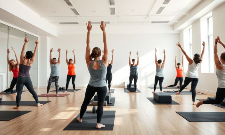 Pessoas praticando pilates, mostrando flexibilidade