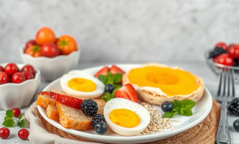 Desjejum nutritivo com uma variedade de alimentos saudáveis