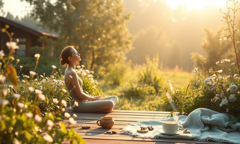 Pessoa meditando em ambiente calmo para autocuidado