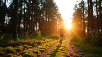 Pessoa praticando corrida ao amanhecer em uma floresta