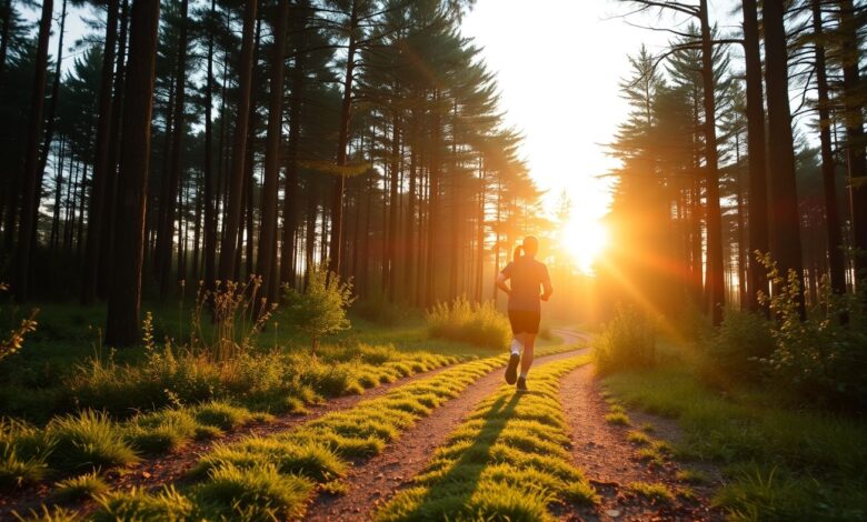 Pessoa praticando corrida ao amanhecer em uma floresta
