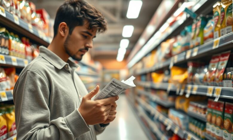 Pessoa lendo rótulos em supermercado