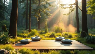 Ambiente de meditação sereno com almofadas e natureza ao fundo