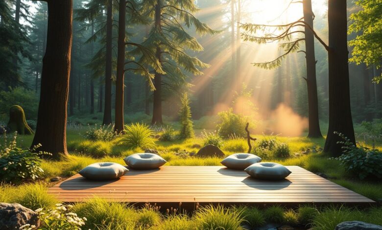 Ambiente de meditação sereno com almofadas e natureza ao fundo