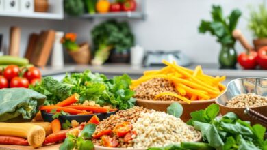 Preparação de comida saudável com vegetais e proteínas