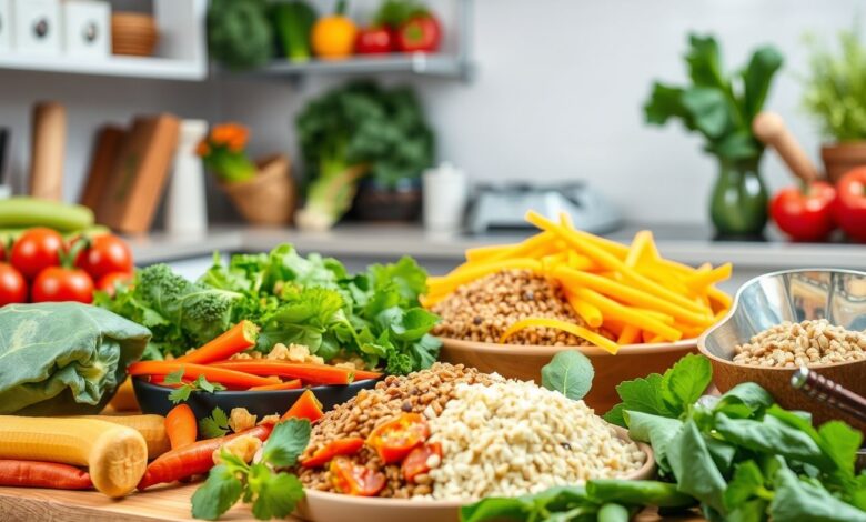 Preparação de comida saudável com vegetais e proteínas
