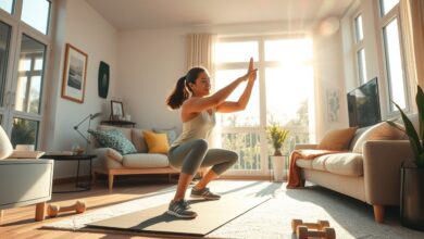 Pessoa fazendo exercícios como agachamentos e flexões em casa