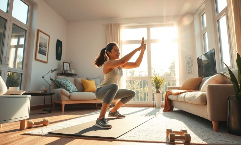 Pessoa fazendo exercícios como agachamentos e flexões em casa