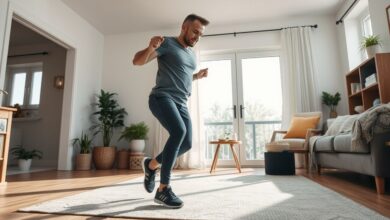 Pessoa fazendo exercícios rápidos em casa