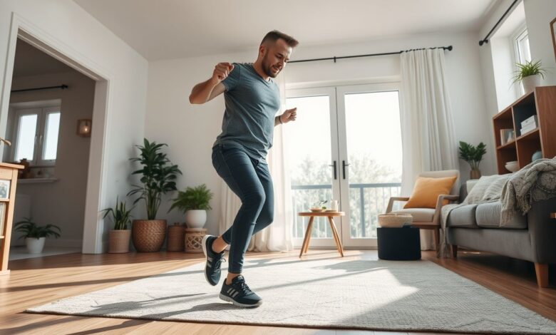 Pessoa fazendo exercícios rápidos em casa